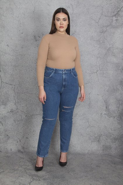 Women's Large Size Blue Ripped Detailed Jeans Pants 65n35397