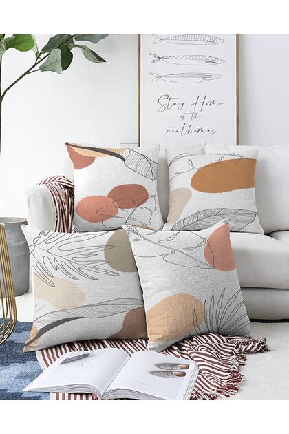 4-Piece Double Sided Modern Raschel Knitted Pillow Throw Pillow Cover Set with Onedraw Drawing on White Background