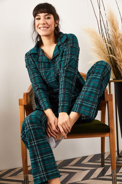 Olalook Kadın Ekose Yeşil Desenli Pijama Takımı PJM-00000002 - 4