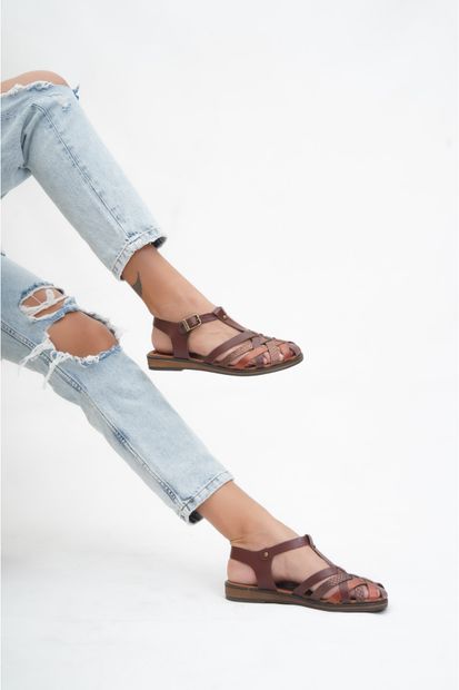Deripabuc Hakiki Deri Kahverengi Kadın Deri Sandalet Dp-0067 - 4