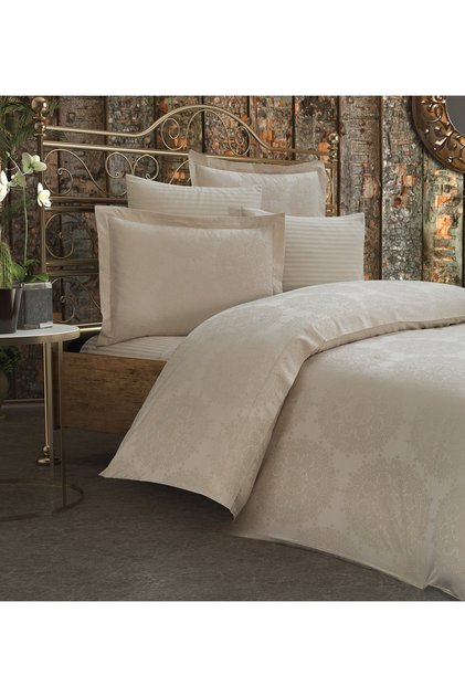 Tiara Bamboo Jacquard Fabric Beige Double Duvet Cover Set 6 Pieces - 899