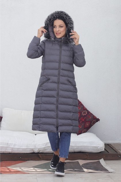 Women's Long Padded Black Puffer Coat with Hood, Fur-Trimmed, Thick Fiberfill, Plus Size