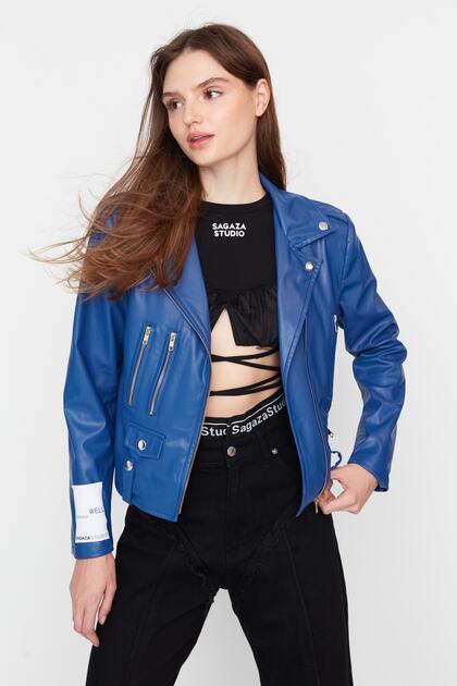 Trendyolmilla X Sagaza Studio Saks Fermuar Detaylı Suni Deri Ceket