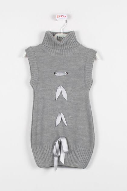 Girl's Ribbon Detailed Knitwear Tunic and Ribbon Complementary Sleeves
