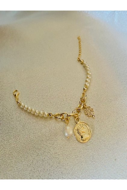 Women's Bracelet Pearl Medayon Clover Zircon Detail Adjustable Bracelet