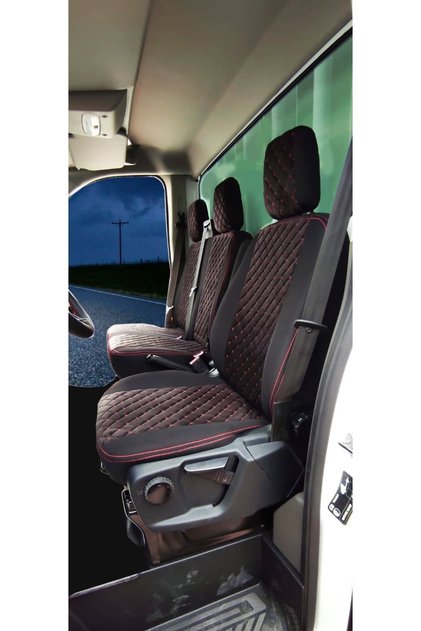 Ford Transit 2014 Ve Üzeri Uyumlu Tek Kabin Özel Dikim Tay Tüyü Oto Koltuk Kılıfı Siyah-kırmızı