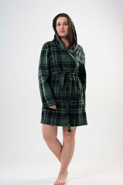 Women's Large Size Hooded Green Fleece Dressing Gown201025-0357