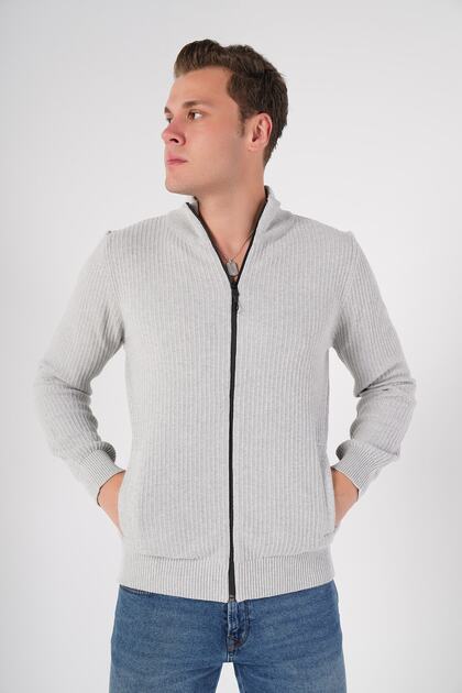 Gray Men's 100% Cotton Zippered Stand Collar Pocket Knitwear Cardigan Trist-1193