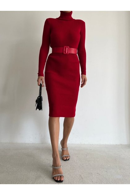 New Season Belt Detail Turtleneck Red Knitwear Midi Length Evening Dress and Graduation Dress 0167 712