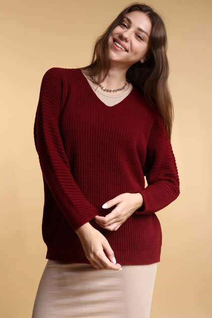 Burgunderroter, lässiger Oversize-Strickpullover mit V-Ausschnitt für Damen