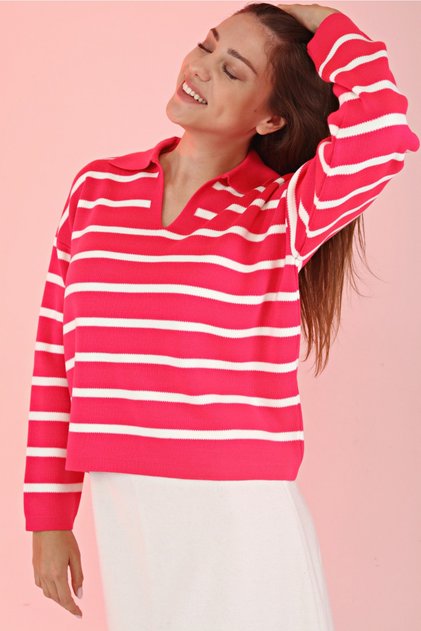 Women's Pink Oversize Polo Collar Striped Long Sleeve Knitwear Sweater