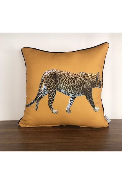 E812-4343 Mustard Floor Edges Black Piping Double Sided Leopard Patterned Throw Pillow Cover
