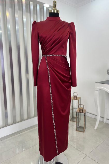 Satin Sare Evening Dress - Burgundy