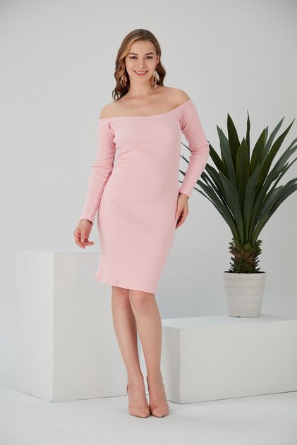 Women's Boat Neck Long Sleeve Ribbed Dress
