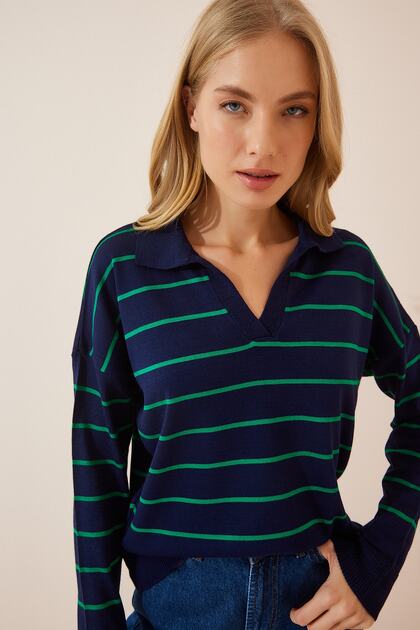 Women's Green Navy Blue Striped Polo Collar Seasonal Knitwear Sweater BV00012