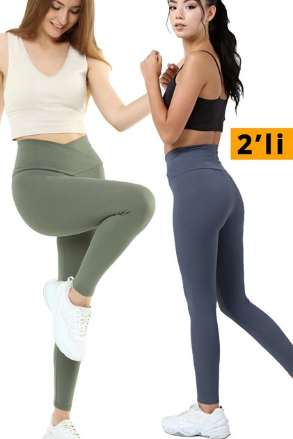 2'li Tayt Fitilli Yüksek Bel Toparlayıcı Spor Tayt Çapraz Bel Detaylı Indigo + Haki