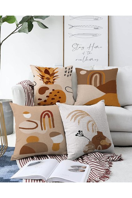 4-Piece Double Sided Colorful Backgrounded Onedraw Drawing Leaf Patterned Modern Raschel Knitted Throw Pillow Cover Set