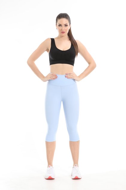 Women's High Waist Belly Tightening Below Knee Athlete Leggings Elastic Fabric and Lycra Light Blue