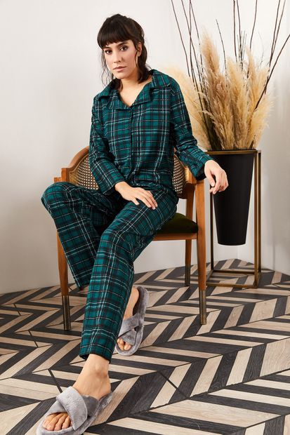 Olalook Kadın Ekose Yeşil Desenli Pijama Takımı PJM-00000002 - 3