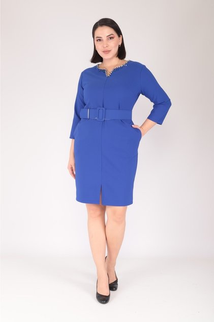 Women's Strut Accessory Detailed Belted Plain Midi Plus Size Dress