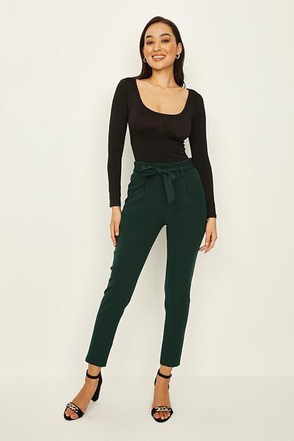 ankle length cigarette pants Select Moda Women's Green Belted Ankle Length Cigarette Pants- Trendyol