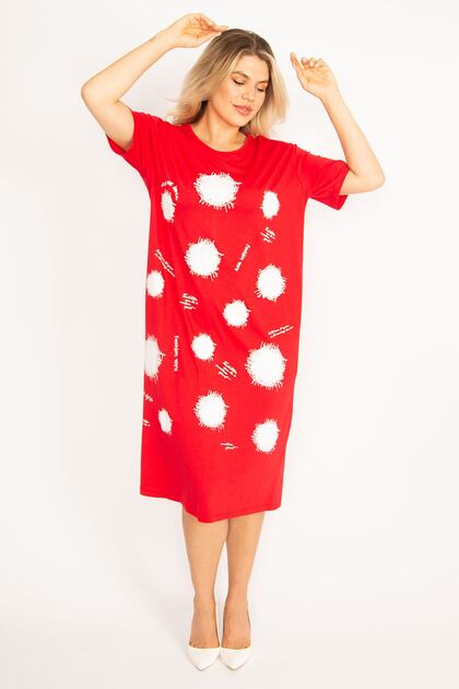 Women's Plus Size Red Front Printed Viscose Dress 65n33248