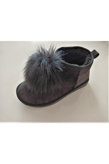 0034 Women's Mini Black Suede Detailed Fur Lined Boots