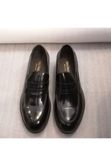 Uniseks Hakiki Deri Parlak Siyah Bantlı Krampon Kauçuk Tabanlı Loafer İtalyan Malı