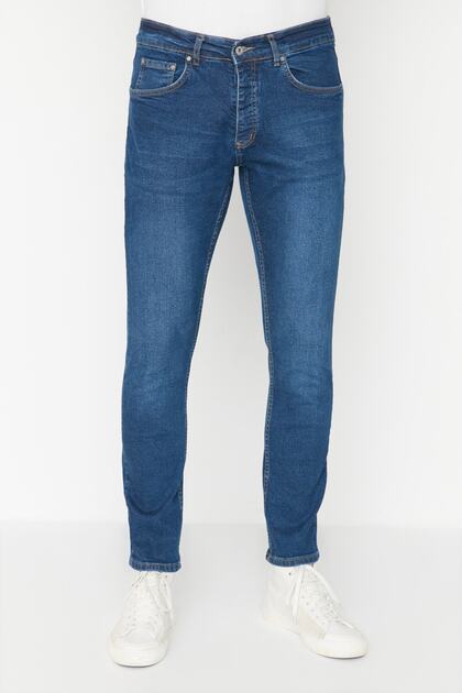 Navy Blue Stretchy Fabric Slim Fit Narrow Cut Jeans Pants TMNAW23JE00054