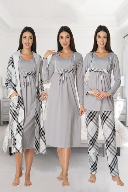 Women's Gray Checkered Long Sleeve Dressing Gown Nightgown Pajama Set Set of 4