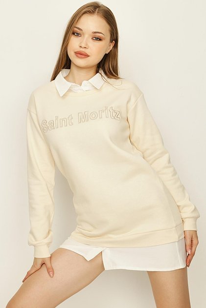 Women's Cream Shirt Collar Text Detailed Sweat Dress