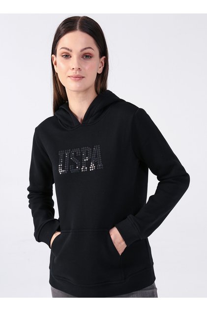 Hooded Collar Printed Black Women's Sweatshirt Gizmo-sk022