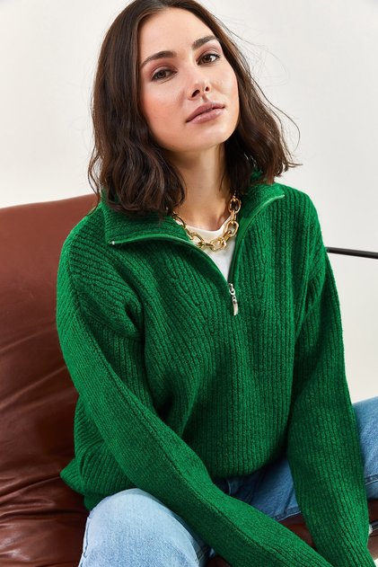 Women's Green Zippered Turtleneck Oversize Knitwear Sweater 20223202