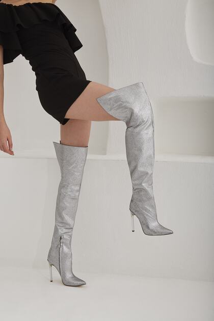 Paint Above Knee Silver 10 cm Women's Boots, Heeled Boots