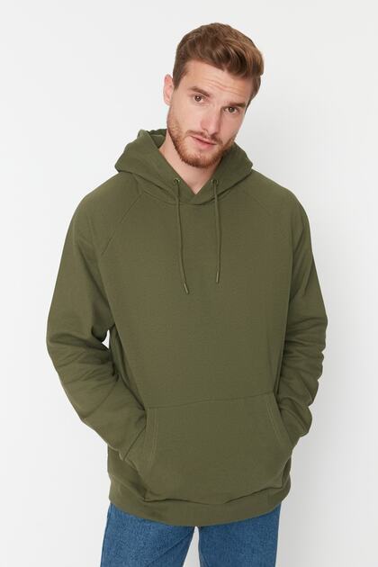 Khaki Basic Oversize/Široký střih s kapucí, vnitřní fleece/teplá mikina TMNAW23SW00192