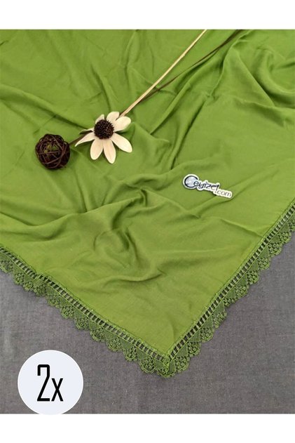 2 Pieces, Dowry Shawl, Writing, Dowry Scarf, Lace Writing 2 Pieces 100x100cm - Henna Green