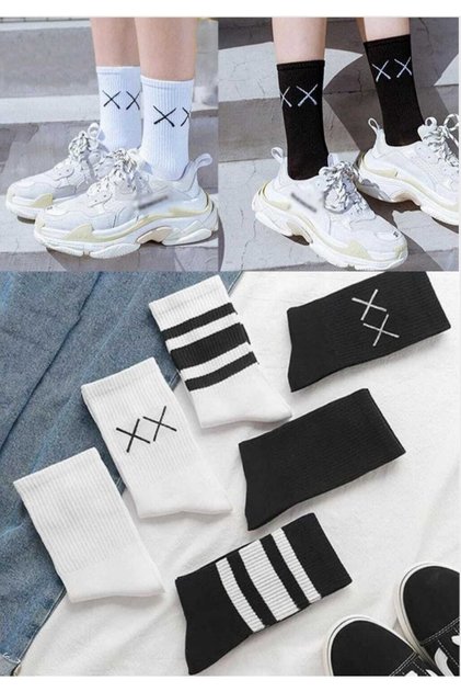 Unisex Black White 6 Pairs College Socks Set