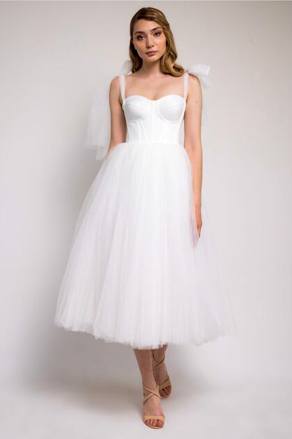 Lenta Moda Women's White Midi Length Tulle Evening Dress/Wedding Dress-  Trendyol