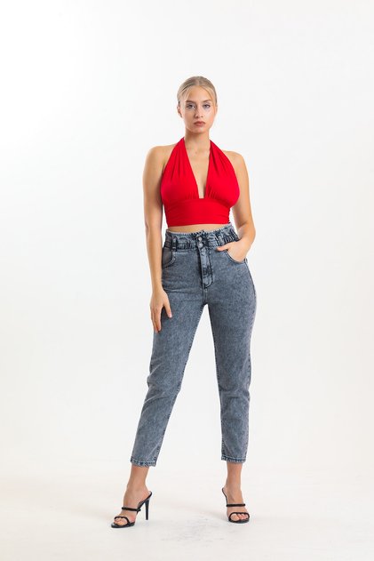 Anthracite High Waist Lycra Drawstring Mom Jean Jeans