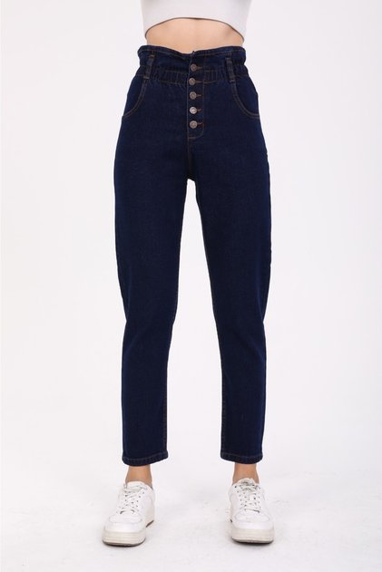 Navy Blue High Waist Lycra Belt Gathered Button Detailed Mom Jean Jeans