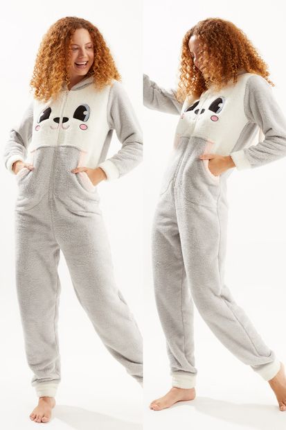 YOYOSO Ecrou Kadın Gri Sevimli Tavşan Welsoft Tulum Pijama Takımı - 6