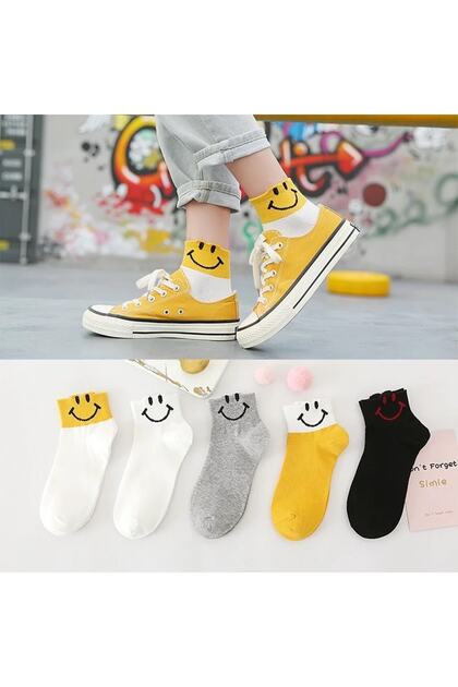 5 Pairs Women's Smiley Emoji Patterned Various Colored Half Socks College Tennis Socks