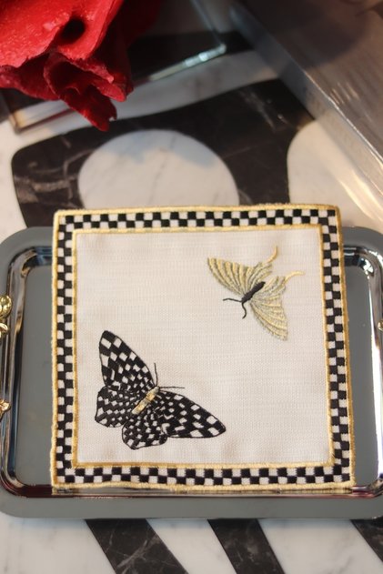 2 Cocktail Napkins with Butterfly Embroidery