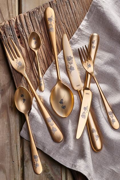 Epsilon Series - Complete Matte Gold Floral - 89-Piece Fork Spoon Knife Set