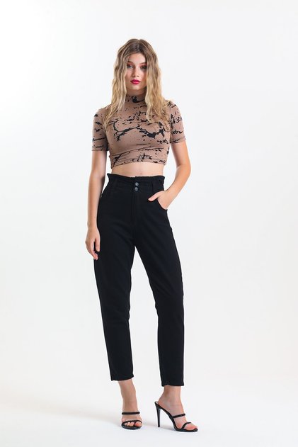 Black High Waist Elastic Waist Mom Jean Jeans