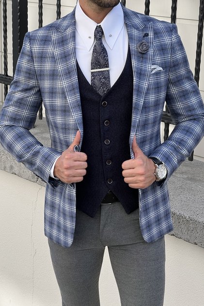 Slim Cut High Quality Special Design Pointed Collar Plaid Wool Jacket