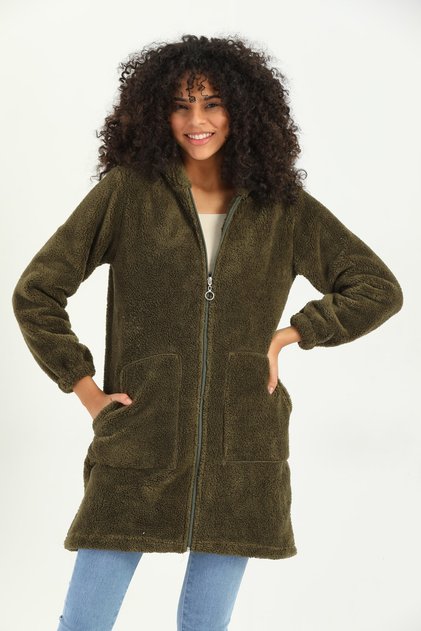 Welsoft Zippered Hooded Long Fleece Cardigan Khaki Green