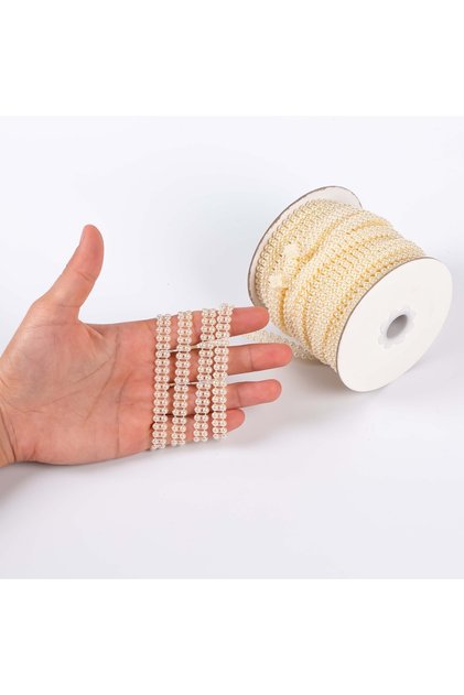 2 Metre- 4 Mm Çift Sıralı Şerit Yarım Inci Boncuk, Krem Renk Şerit Yarım Inci Plastik Boncuk