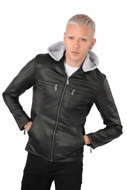 Men's Black Slim Fit Hooded Leather Jacket