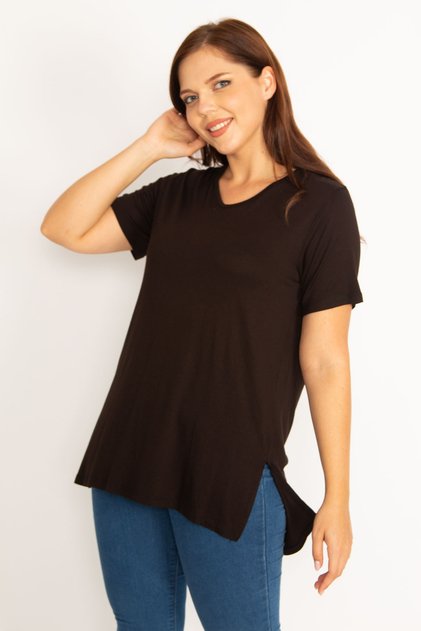 Women's Large Size Black V-Neck Side Slit Blouse 65n34799